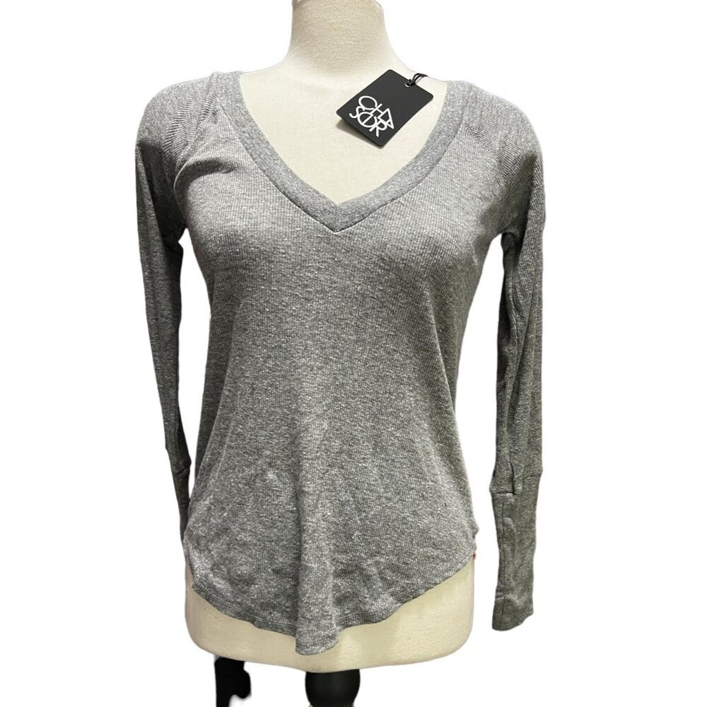 Chaser V Neck Ribbed Long Sleeve Round Hem T Shirt Sz Small Womens Grey